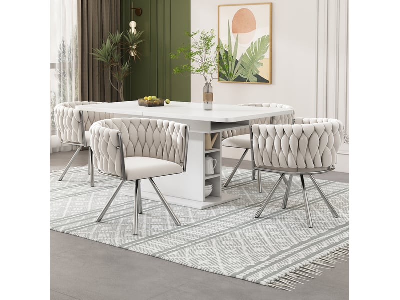  Lot de 4 fauteuils 59x54x72 cm, structure en acier argenté, rotation 360°, revêtement velours beige, style contemporain  - Conforama B