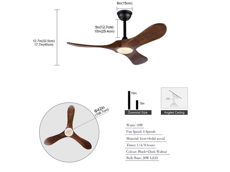  Ventilateur de plafond 42 pouces noir et noyer foncé avec led et télécommande  - Conforama C