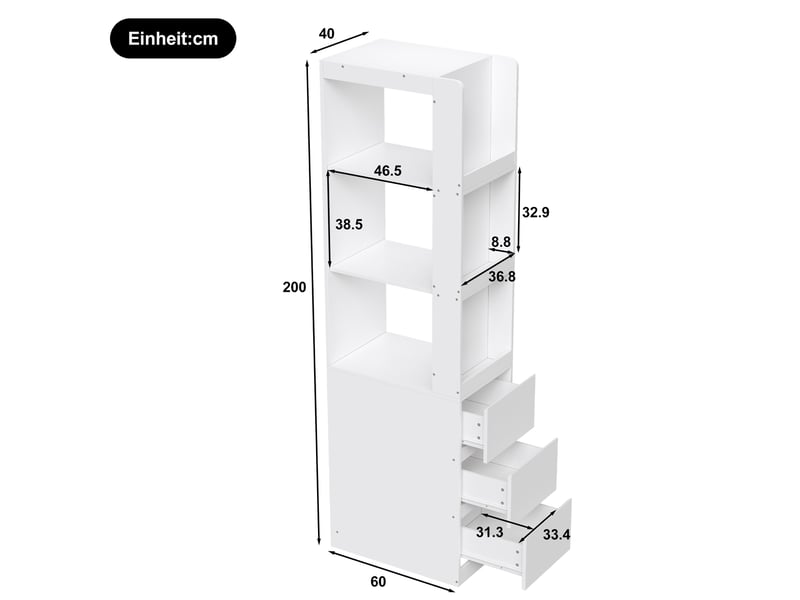  Bibliothèque 60x40x200 cm, 3 tiroirs réversibles, meuble salon et chambre, meuble entrée, panneau de particules, blanc  - Conforama C