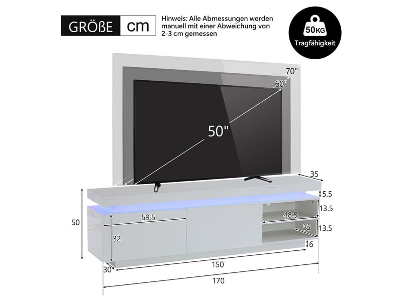  Meuble tv design moderne brillant avec éclairage led et grand rangement meuble tv avec rangement  - Conforama C