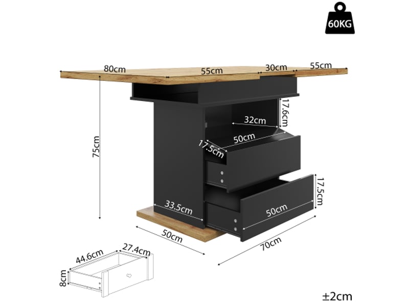 Table de séjour rectangulaire avec allonge noir - 80x110-140max.cm mdf table noir - Conforama C