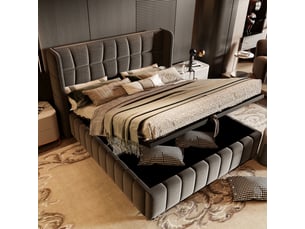 Lit coffre 180x200 cm - lit double 180x200 - cadre de lit encastrable avec tête de lit à oreilles et sommier relevable - lin - anthracite