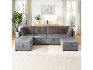 Canapé d'angle panoramique convertible OKMYHOME  6 places Velours gris avec coffre de rangement