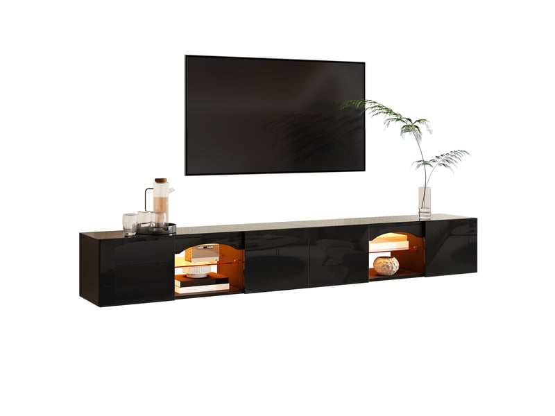  Meuble tv avec 4 portes, 2 niches ouvertes, étagères en verre et led commandée par application, noir 200 × 30 × 28 cm  - Conforama A