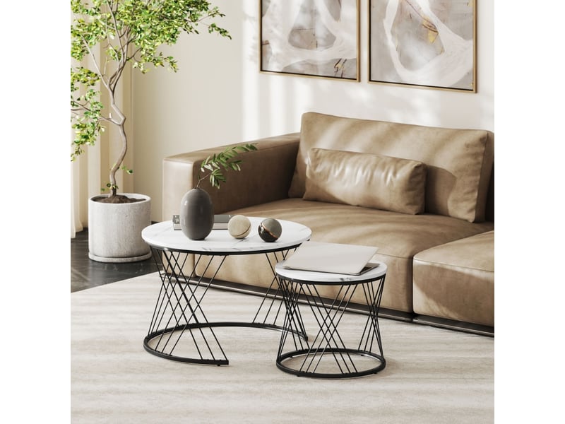  Lot de 2 tables basses gigognes rondes, plateau effet marbre blanc, structure en métal géométrique, 70 cm  - Conforama E