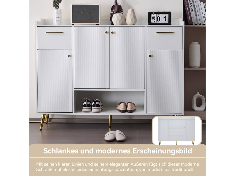  Meuble à chaussures, 130x37x100 cm, avec 2 tiroirs, en panneau de particules, blanc  - Conforama D
