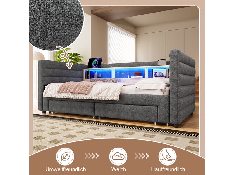  Lit de jour velours gris 90x190 cm avec lit gigogne extensible, éclairage led, tiroirs de rangement et ports usbtype-c  - Conforama D