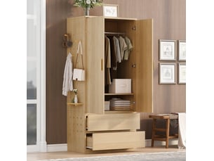 Armoire penderie 70 x 50 x 170 cm – bois clair – 2 tiroirs, rangements cachés et panneau perforé latéral