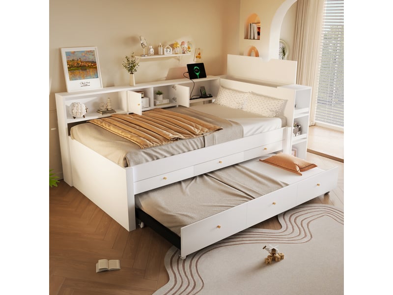 Lit gigogne en bois avec rangement, 3 tiroirs et prise usb, blanc – 140 x 200 cm IKSETERA TRADING LTD - Conforama B