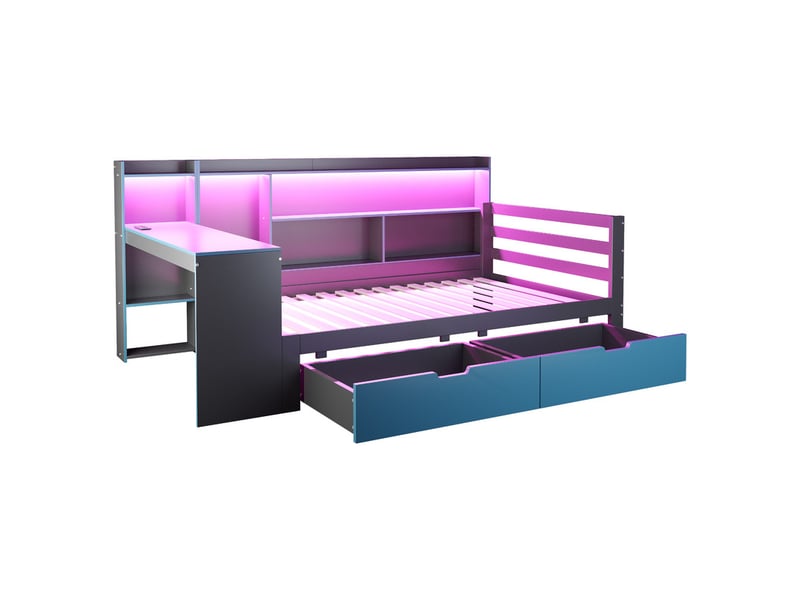 Canapé-lit 90 x 200 cm - avec compartiments de rangement - éclairage intégré - prise électrique - 2 tiroirs - noir+bleu(matelas non inclus)  - Conforama W