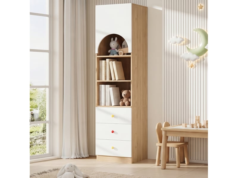Bibliothèque 50 x 50 x 200 cm avec porte arquée, trois tiroirs et trois étagères, blanc et aspect bois - Conforama B