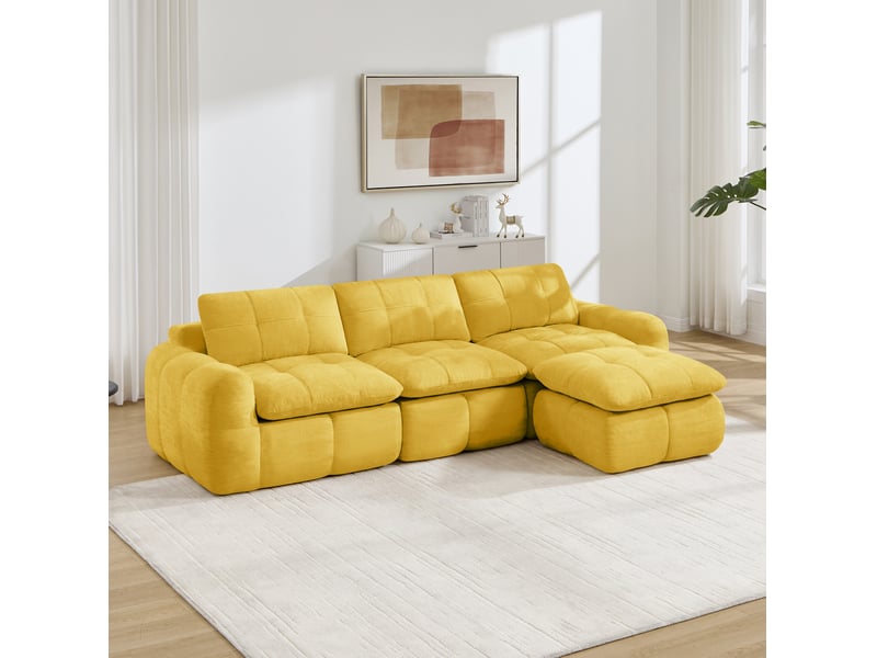 Canapé modulable 3 places en l 264x160x68 cm, sans montage, mousse 32d, 1 pouf, revêtement en chenille, jaune - Conforama D