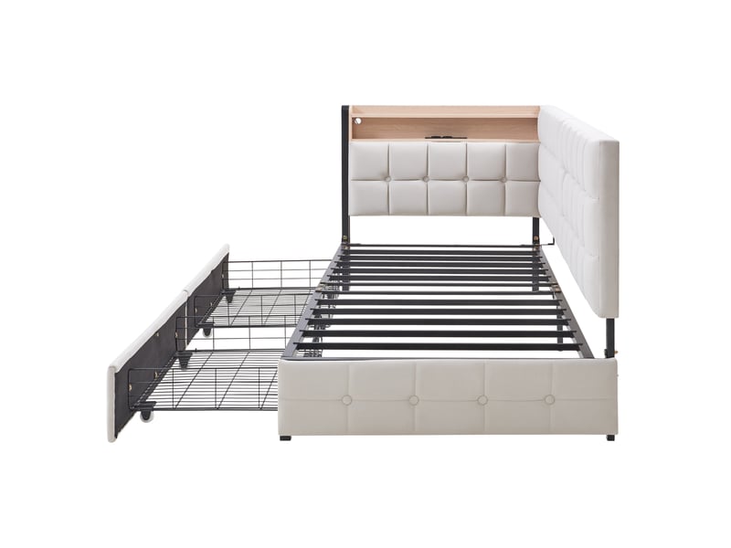  Lit enfant 90 x 200 cm 2 tiroirs led tête de lit usb type-c cadre métal rembourré tissu beige sans matelas  - Conforama D