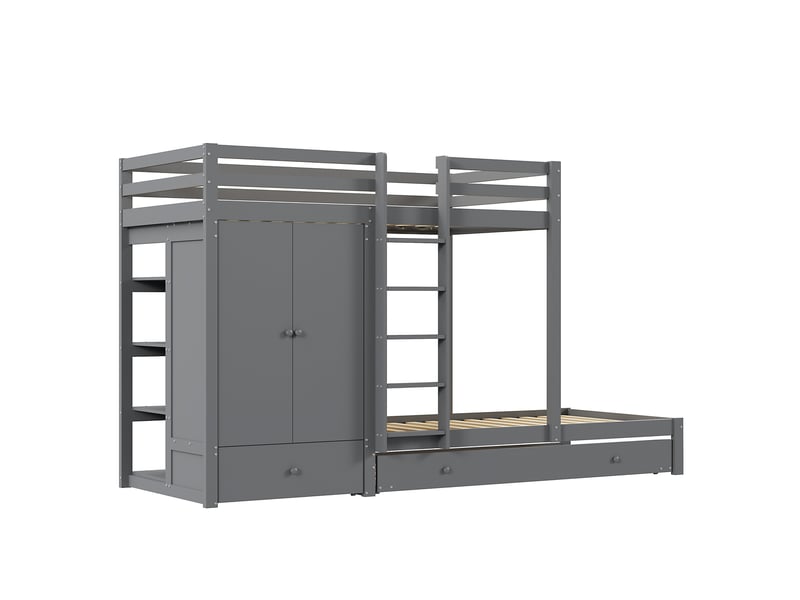  Lit superposé enfant 90x200 cm – gris – couchage gigogne, armoire, tiroirs et étagères – sans matelas  - Conforama E