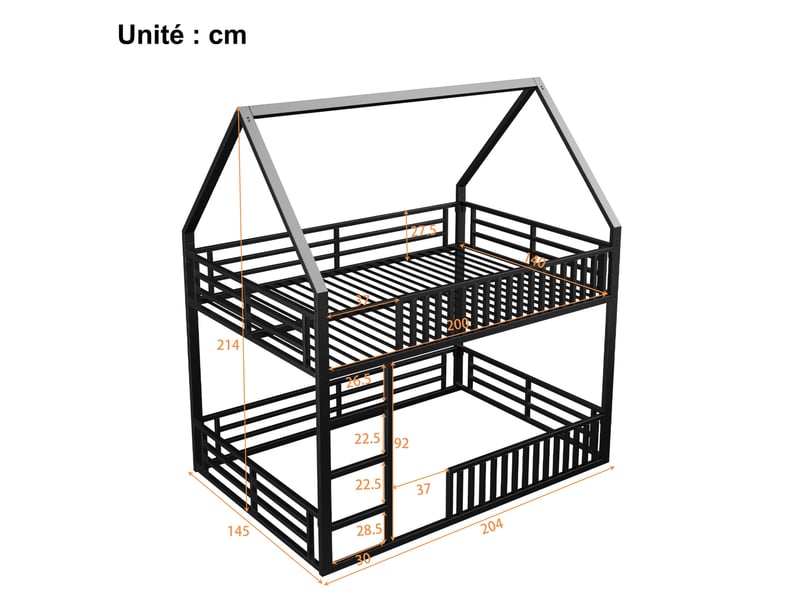Lit superposé 140x200 cm - lit cabane avec led 7 couleurs - métal - sans matelas - noir - Conforama C