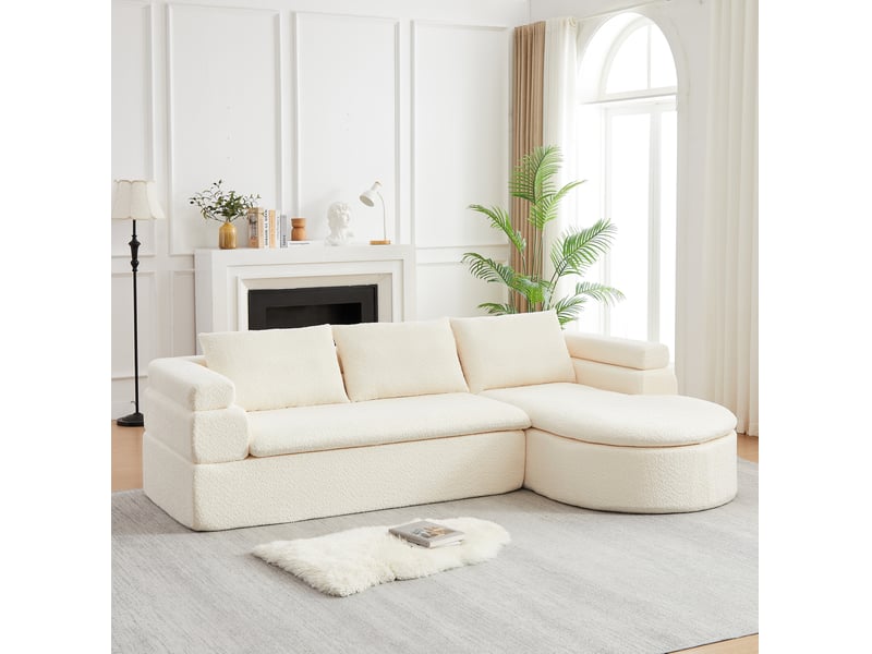  Canapé d'angle 3 places avec chaise longue, accoudoirs à paliers et 3 coussins, en chenille beige 260 × 170 × 65 cm  - Conforama D