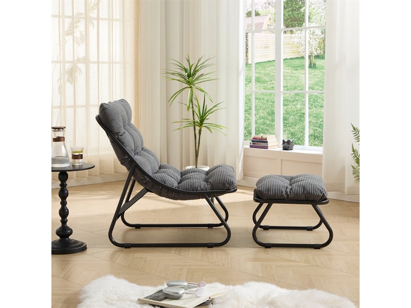  Fauteuil de jardin avec repose-pied - 65x78x86cm - chaise lounge relax avec coussin moelleux - acier &amp; velours côtelé - gris  - Conforama D