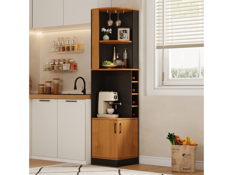  Buffet de cuisine 2 portes 40x40x182 cm - meuble d'angle avec porte-bouteilles, rangement pour verres et étagères - noir  - Conforama D