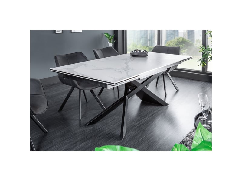  Table stelix 180–220–260 cm – plateau en céramique effet marbre blanc et verre trempé – extensible avec pieds en métal noir  - Conforama C