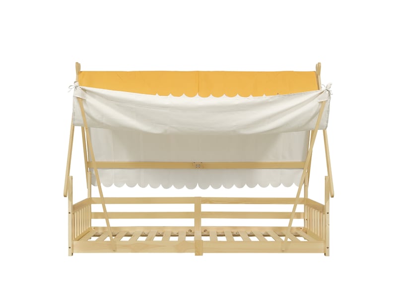  Lit cabane 90x200 cm, lit enfant avec tente amovible, barrière de sécurité, en bois, naturel, sans matelas  - Conforama D