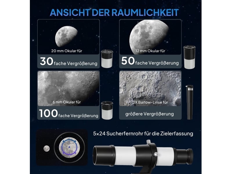  Télescope astronomique 70 mm blanc, trépied réglable en aluminium, trois oculaires et lentille barlow  - Conforama E