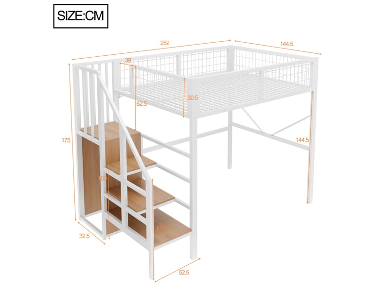  Lit mezzanine 140x200 cm avec rangement, cadre en métal, barrière de protection, couleur blanc sans matelas  - Conforama C
