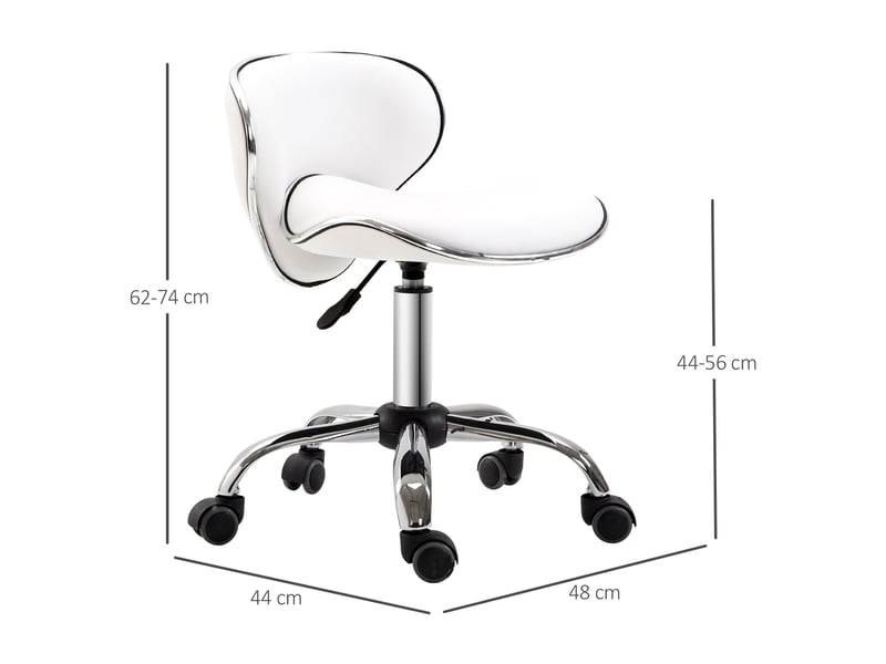  Tabouret à roulettes de travail avec hauteur réglable 44-56 cm et dossier pivotant 360° en blanc  - Conforama C