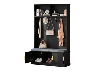 Porte-manteaux - meuble d’entrée avec banc de rangement et armoire, étagères intégrées pour couloir ou hall - 120 x 40 x 191 cm - noir