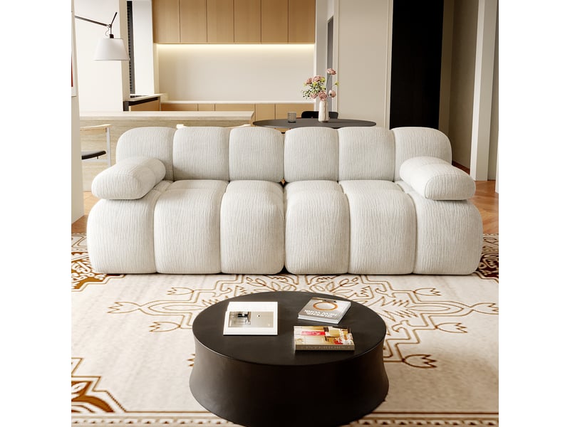  Canapé compressé 2 places 200x100x68 cm sans structure, sans montage, mousse haute résilience, assise profonde, tissu chenille blanc  - Conforama B
