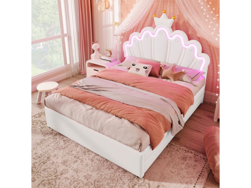  Lit enfant 140x200 cm, avec tête de lit réglable et 2 tiroirs, en pu, blanc, sans matelas  - Conforama B