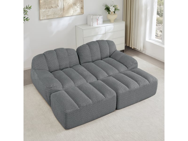 Canapé modulaire 2 places avec ottoman, assise ergonomique et dossier souple, en tissu polaire granulé gris - Conforama C