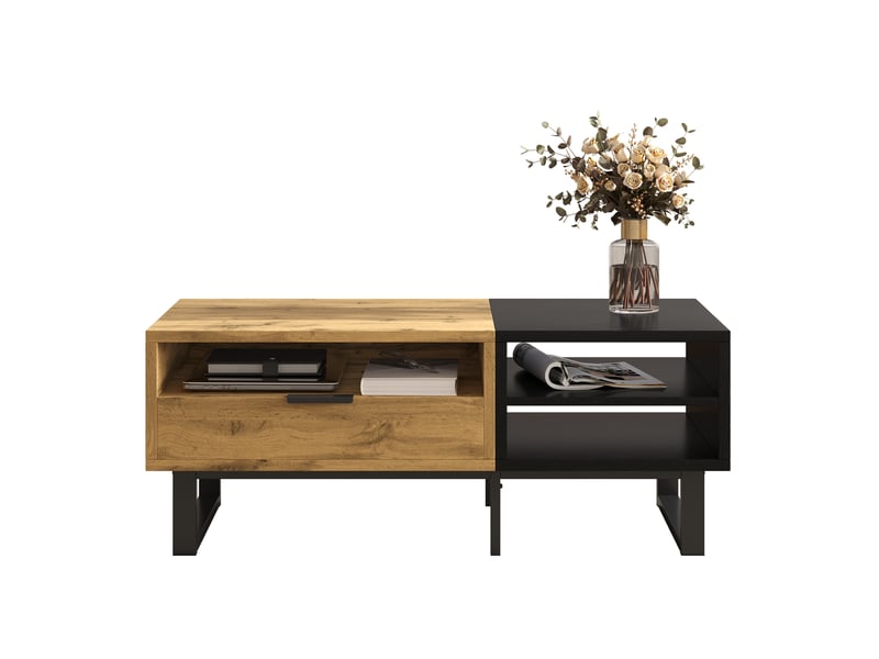 Table basse 100x50x40 cm noir et coloris bois naturel avec tiroir et niches - Conforama A