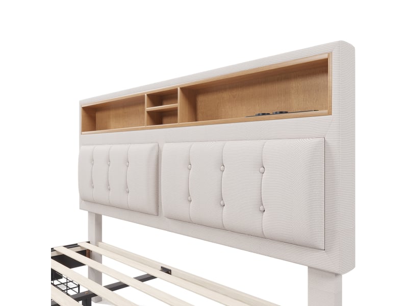 Lit adulte 140 x 200 cm avec 4 tiroirs, tête de lit réglable (±12 cm) et prise usb-c intégrée, lin beige, sans matelas - Conforama E
