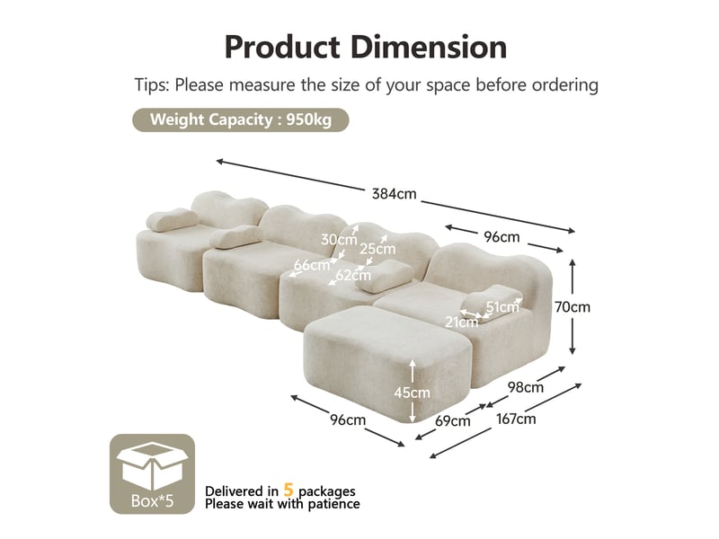  Canapé d'angle modulable 4 places avec ottoman, assise profonde et coussins d’accoudoir mobiles en velours beige  - Conforama E