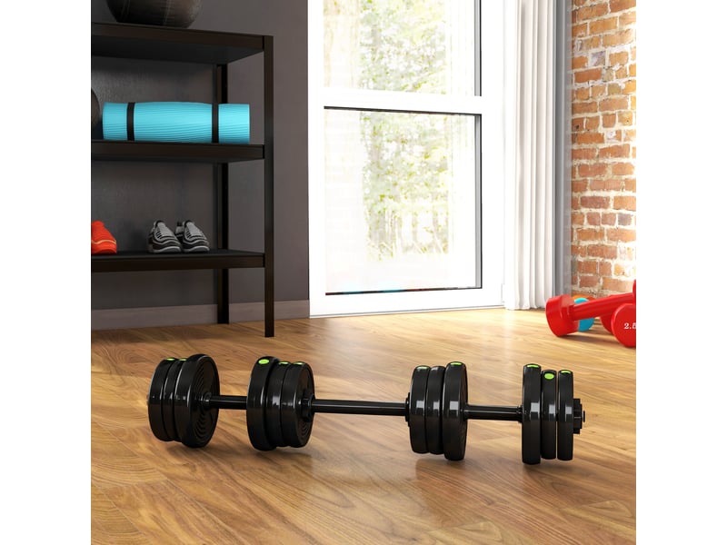  Ensemble d'haltères 2 en 1 (barre et haltères), 20 kg, antidérapant, respectueux des sols, noirvert  - Conforama C