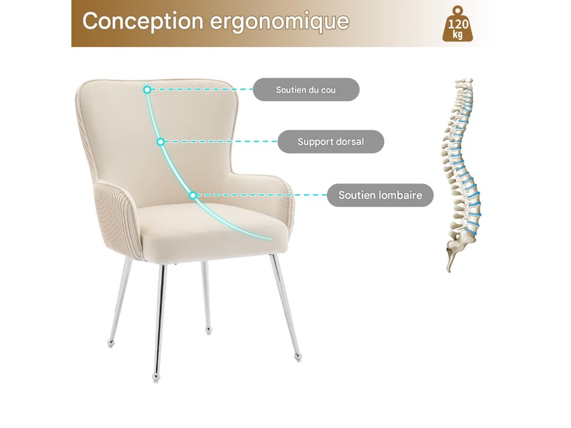  Lot de 4 chaises de salle à manger en velours beige, pieds en métal WF530183AAB-4 - Conforama E