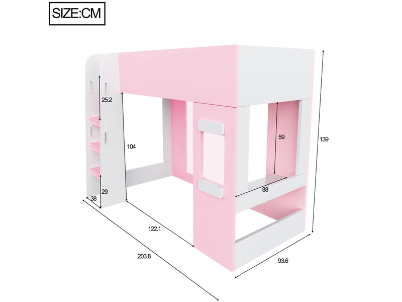  Lit mezzanine 90x200 cm avec bureau et led mdf blanc et rose sans matelas  - Conforama C