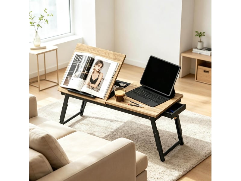 Table pour ordinateur portable 83,5 x 33 x 23,5-34 cm en bambou et mdf réglable inclinable avec tiroir chêne et noir chicfurn - Conforama C