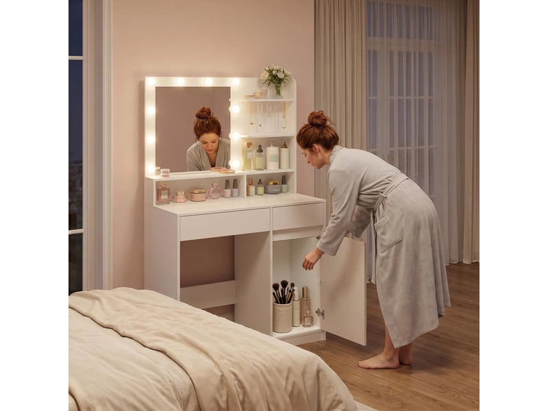  Coiffeuse blanche grande capacité avec éclairage et miroir, table de maquillage multifonctionnelle  - Conforama B