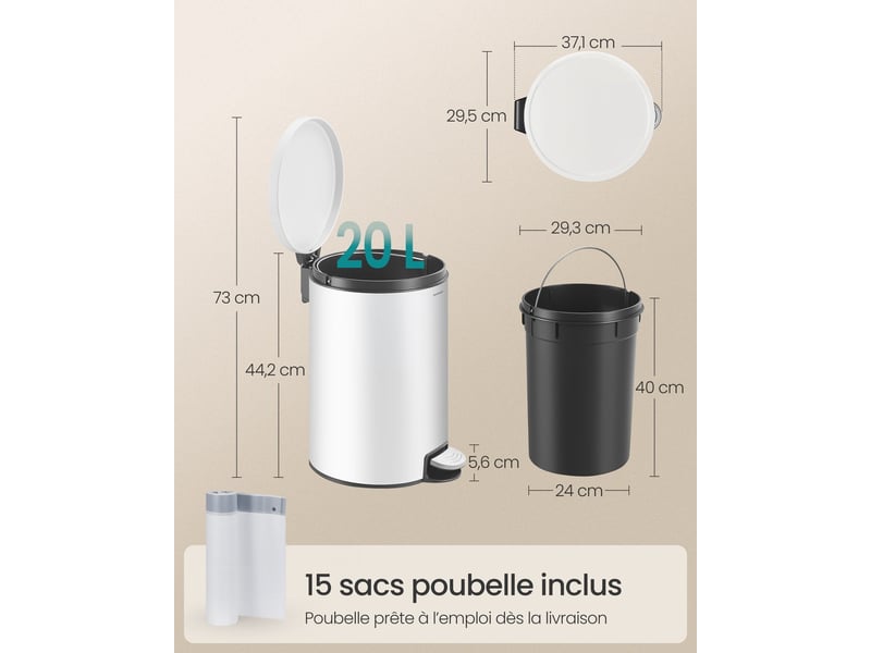  Poubelle ronde 29,5 x 37,1 x 44,2 cm avec seau amovible et pédale pratique style contemporain en acier blanc 12_0012084  - Conforama B