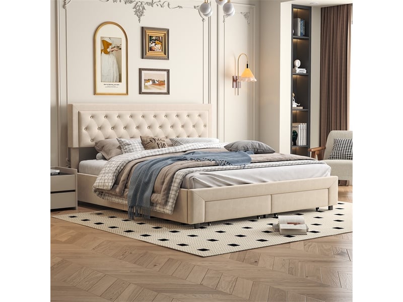  Lit 160x200cm - lit coffre 160x200cm - lit hydraulique capitonné avec 2 tiroirs et tête de lit cloutée - beige  - Conforama D