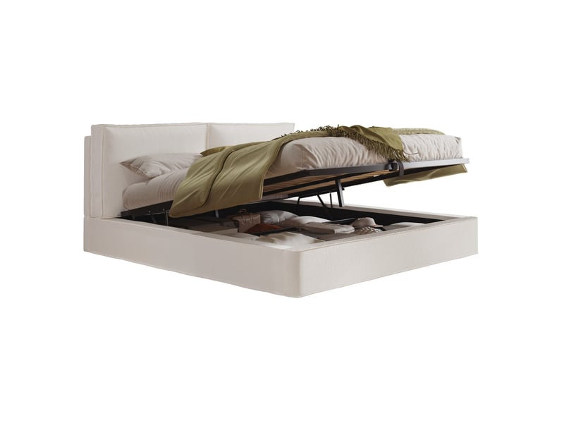  Lit coffre adulte 180x200 cm bouclé beige avec sommier à lattes et tête de lit  - Conforama A