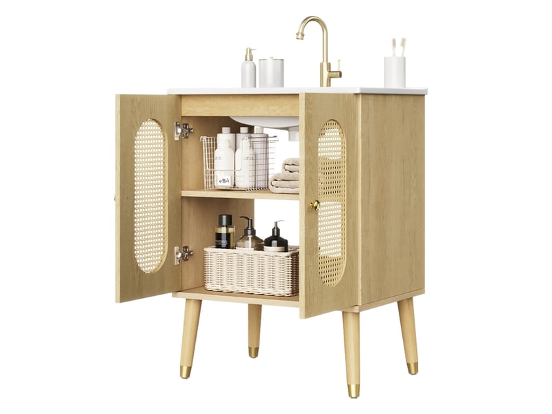 Meuble sous vasque 2 portes en rotin 2 étagères fixes avec vasque en céramique pour salle de bain 61 × 47 × 89 cm - Conforama A