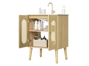 Meuble sous vasque 2 portes en rotin 2 étagères fixes avec vasque en céramique pour salle de bain 61 × 47 × 89 cm