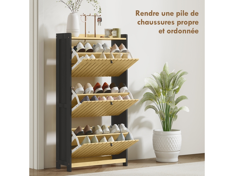  Meuble à chaussures 18 paires avec 3 tiroirs rabattables, portes en bambou à lattes, noir et bois naturel, 60x24x118cm  - Conforama A