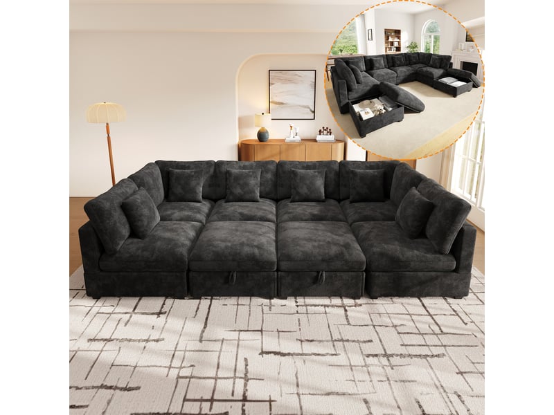  Canapé d'angle xxl modulable 8 places , 292 x 220 x 81 cm avec fonction lit intégrée, 2 poufs de rangement , 6 coussins , tissu chenille – gris  - Conforama B