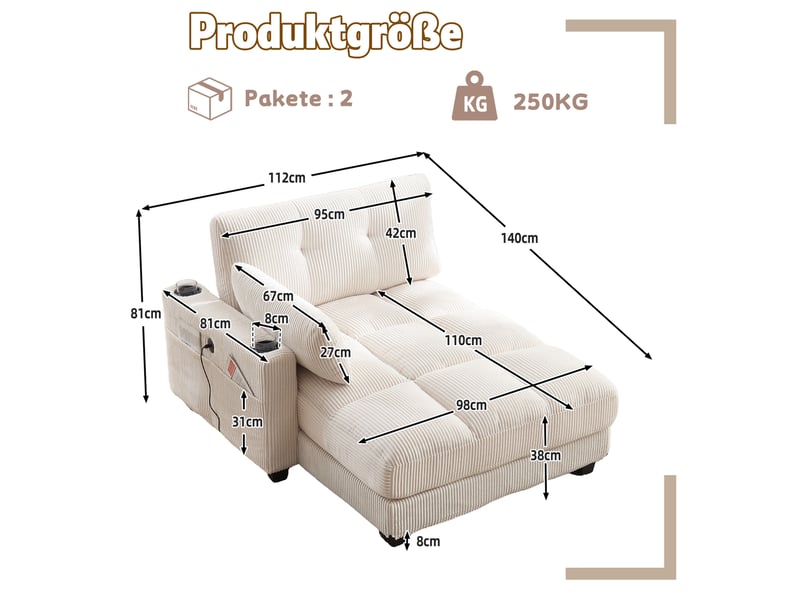  Fauteuil relax fixe en velours côtelé beige avec usb, 2 porte-gobelets et rangement latéral, pour vos pauses  - Conforama C