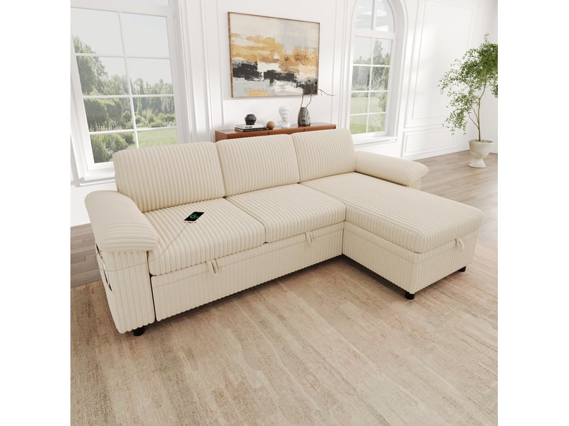 Canapé d'angle convertible 214x138,5x89 cm en velours côtelé beige - Conforama D