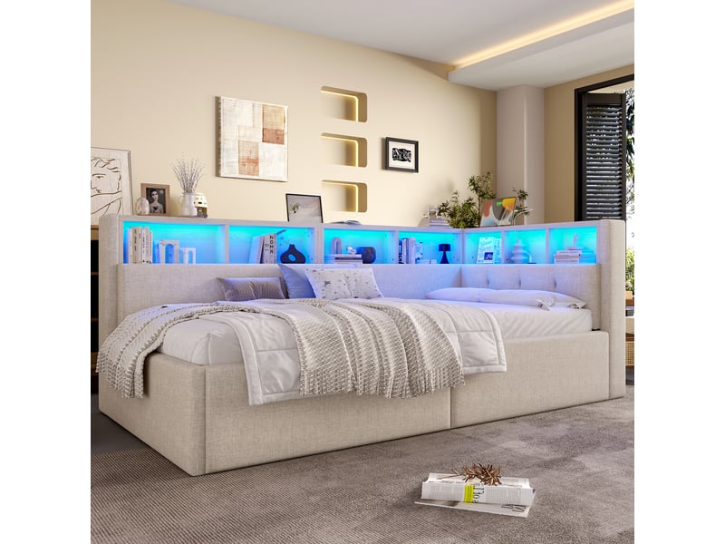  Lit jour avec rangement en lin beige 90x200 cm  - Conforama E
