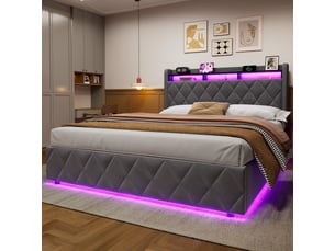 Lit coffre 160x200 avec éclairage led et prise électrique, lit pour adolescents avec étagères ouvertes et coffre de rangement, grise,sans matelas